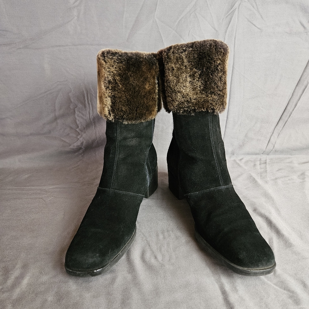 Salvatore Ferragamo Black Black Suede w/ Faux Fur Trim Heeled Boots Size 10 2A - Picture 5 of 10